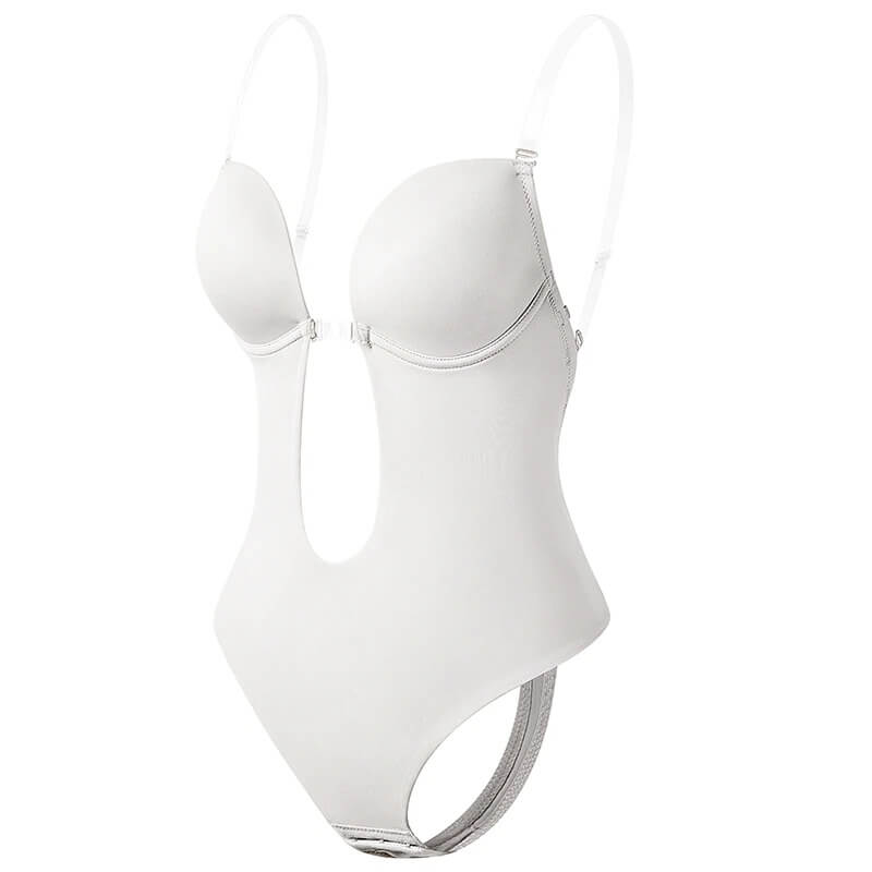 Bakifrån: Rygglös dam body shaper. Visar den öppna ryggen & dess formande effekt för en perfekt siluett.