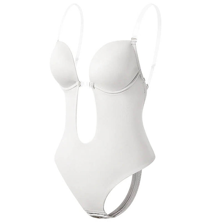 Bakifrån: Rygglös dam body shaper. Visar den öppna ryggen & dess formande effekt för en perfekt siluett.