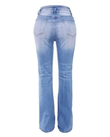 Blå damjeans: bootcut design med hög midja, en mångsidig och modern stil.