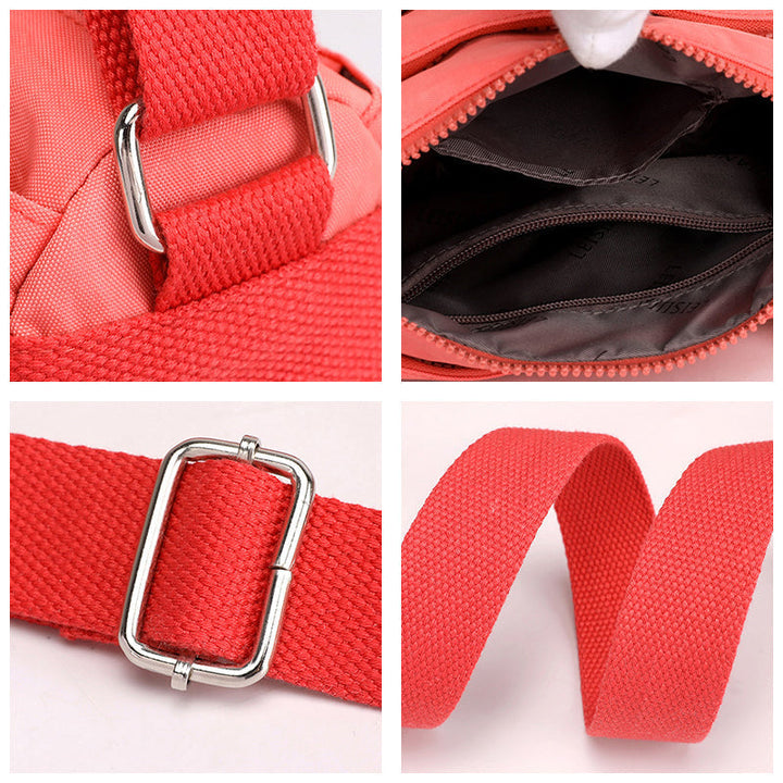 "Dam casual nylon crossbody väska i flerfärgat mönster med justerbar rem och flera fack, stilren design."