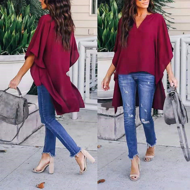 "Dam Casual Topp med V-ringning, batwing-ärmar, unikt mönster, bakifrån, elegant stil, perfekt för alla säsonger."