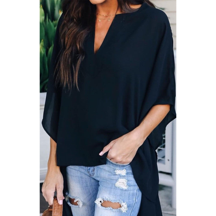 "Dam Casual Topp med V-ringning, batwing-ärmar, unikt mönster, bakifrån, elegant stil, perfekt för alla säsonger."