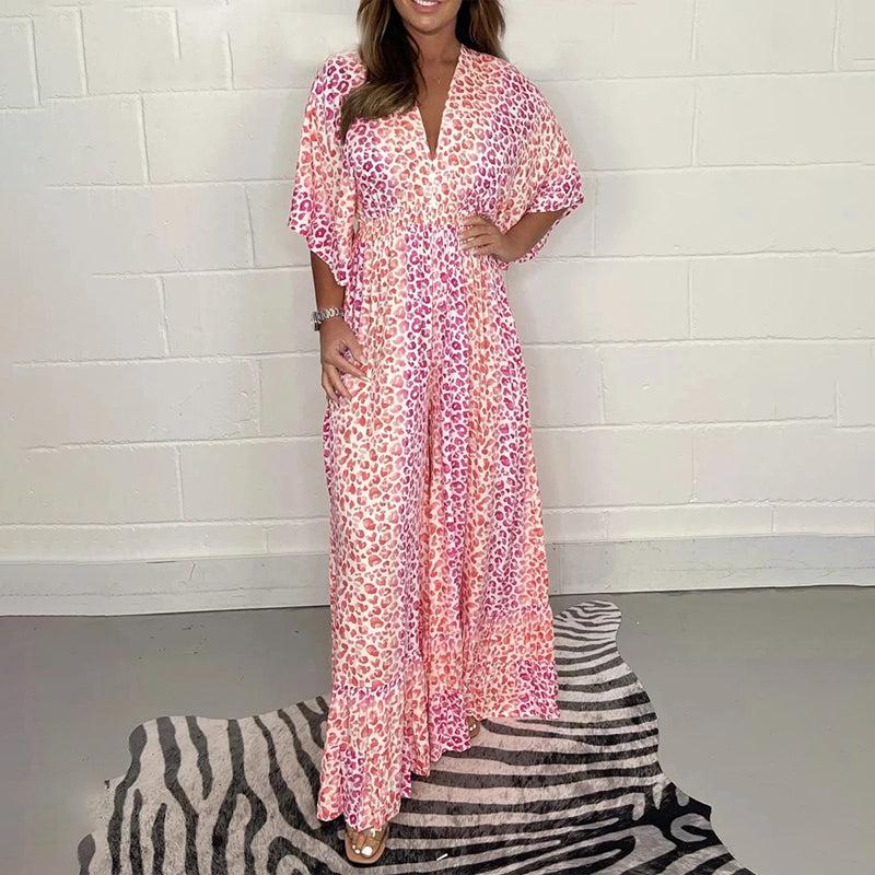 "Dam Geometrisk Kimono Jumpsuit med V-hals, geometriska mönster, elegant avslappnad stil för alla årstider, side view."