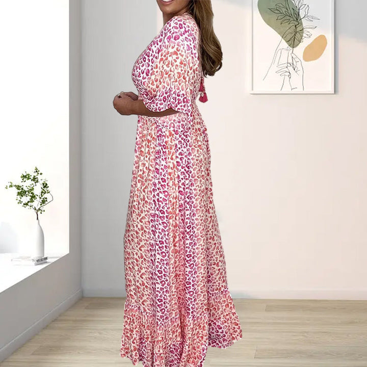 "Dam Geometrisk Kimono Jumpsuit med V-hals, geometriska mönster, elegant avslappnad stil för alla årstider, side view."