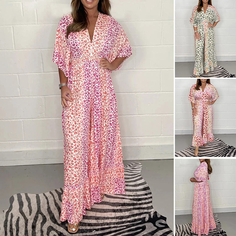 "Dam Geometrisk Kimono Jumpsuit med V-hals, geometriska mönster, elegant avslappnad stil för alla årstider, side view."
