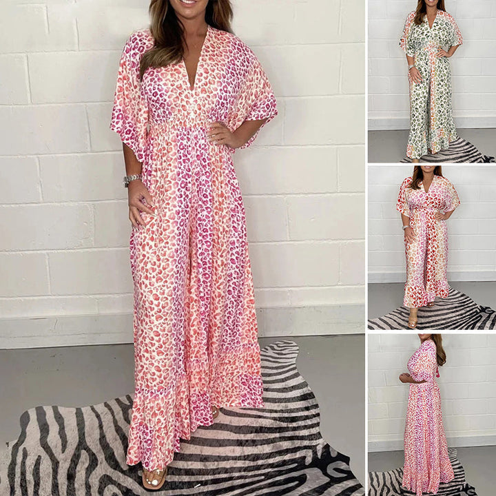 "Dam Geometrisk Kimono Jumpsuit med V-hals, geometriska mönster, elegant avslappnad stil för alla årstider, side view."