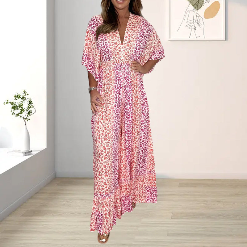 "Dam Geometrisk Kimono Jumpsuit med V-hals, geometriska mönster, elegant avslappnad stil för alla årstider, side view."