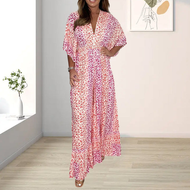 "Dam Geometrisk Kimono Jumpsuit med V-hals, geometriska mönster, elegant avslappnad stil för alla årstider, side view."