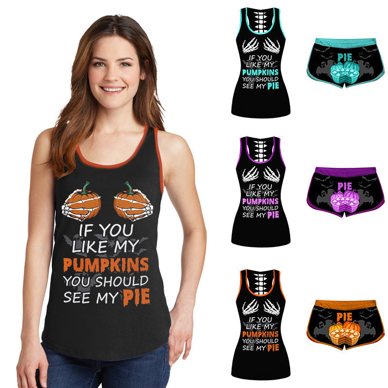"Dam Halloween Pumpavästset i färger, polyester t-shirt med pumpamönster och elastiska shorts för festlig stil och komfort."
