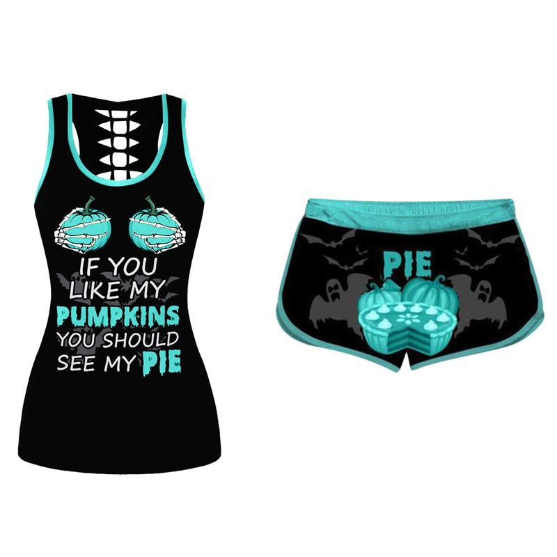 "Dam Halloween Pumpavästset i färger, polyester t-shirt med pumpamönster och elastiska shorts för festlig stil och komfort."
