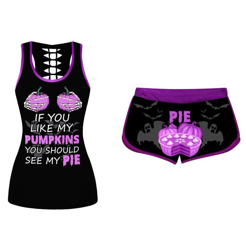 "Dam Halloween Pumpavästset i färger, polyester t-shirt med pumpamönster och elastiska shorts för festlig stil och komfort."