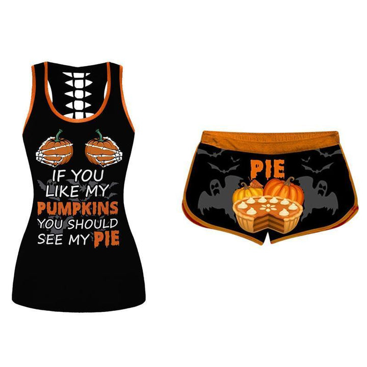 "Dam Halloween Pumpavästset i färger, polyester t-shirt med pumpamönster och elastiska shorts för festlig stil och komfort."