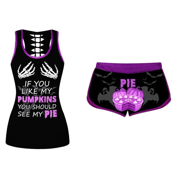 "Dam Halloween Pumpavästset i färger, polyester t-shirt med pumpamönster och elastiska shorts för festlig stil och komfort."