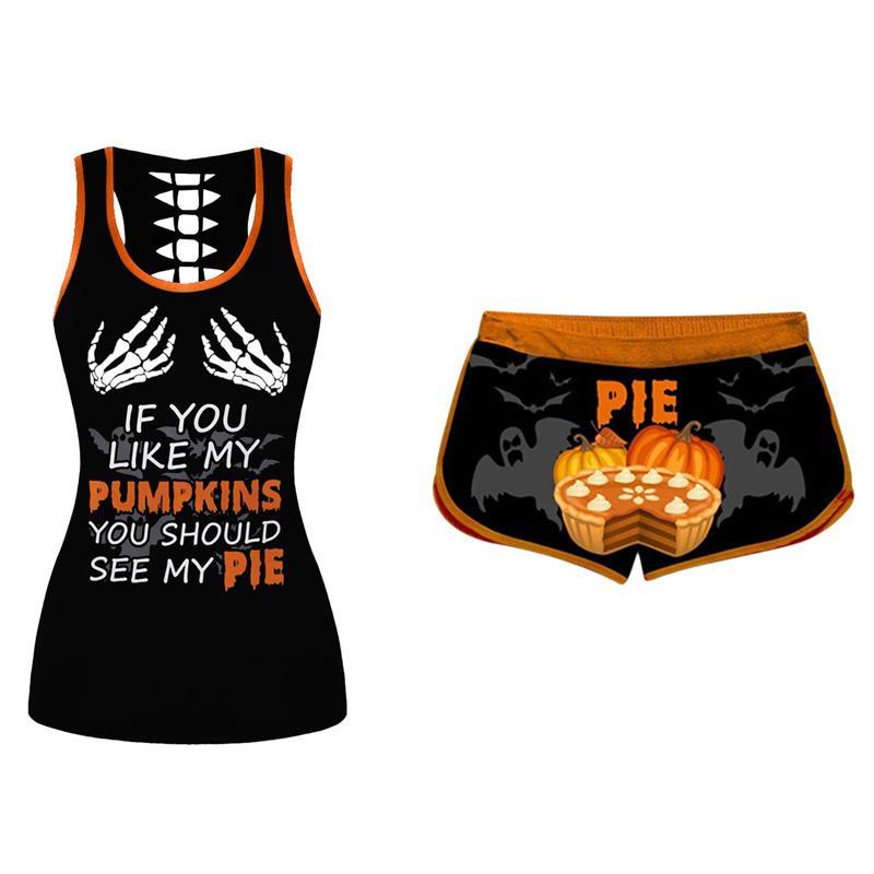 "Dam Halloween Pumpavästset i färger, polyester t-shirt med pumpamönster och elastiska shorts för festlig stil och komfort."
