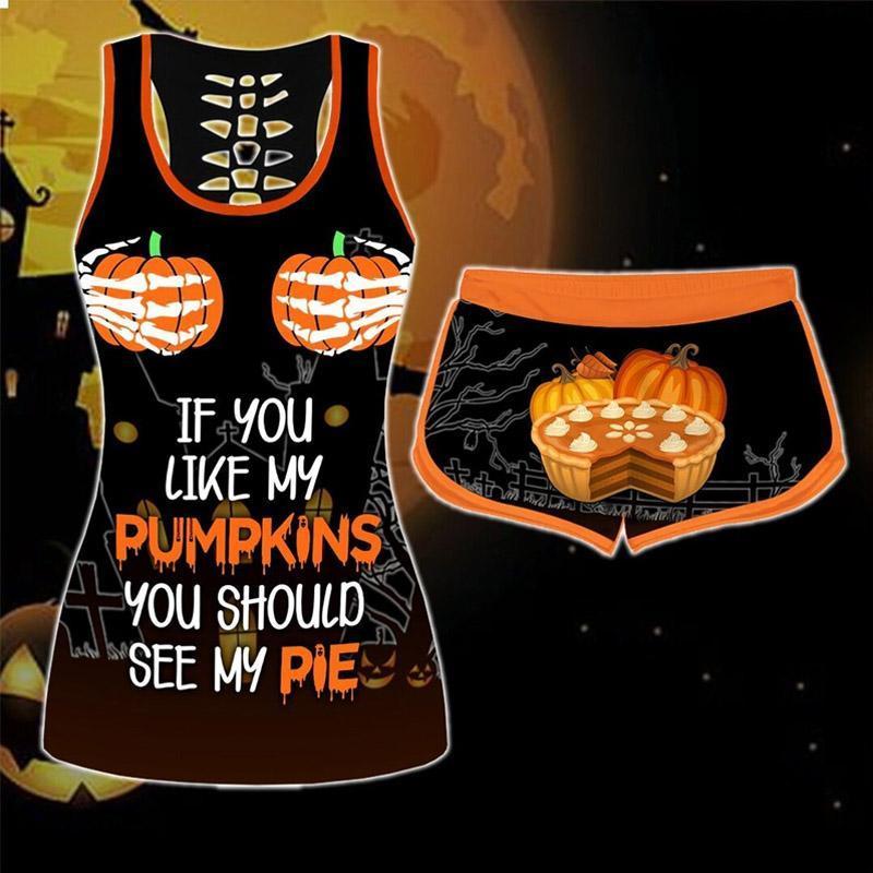 "Dam Halloween Pumpavästset i färger, polyester t-shirt med pumpamönster och elastiska shorts för festlig stil och komfort."