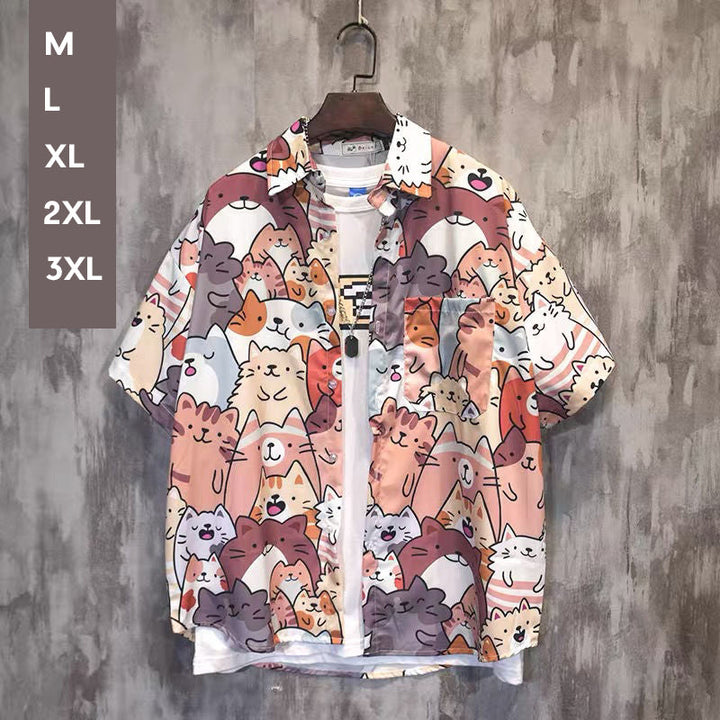 "Dam Happy Cat blus med kort ärm och kattmönster, bomullspolyester, luftig design för sommarstil."