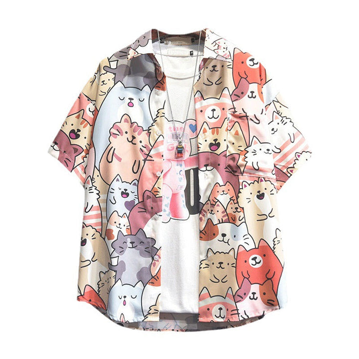 "Dam Happy Cat blus med kort ärm och kattmönster, bomullspolyester, luftig design för sommarstil."