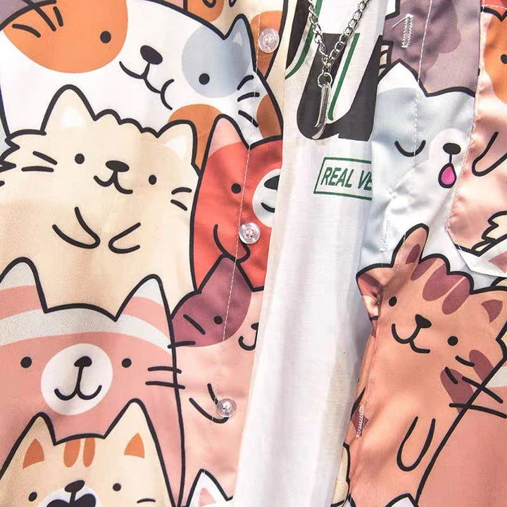 "Dam Happy Cat blus med kort ärm och kattmönster, bomullspolyester, luftig design för sommarstil."