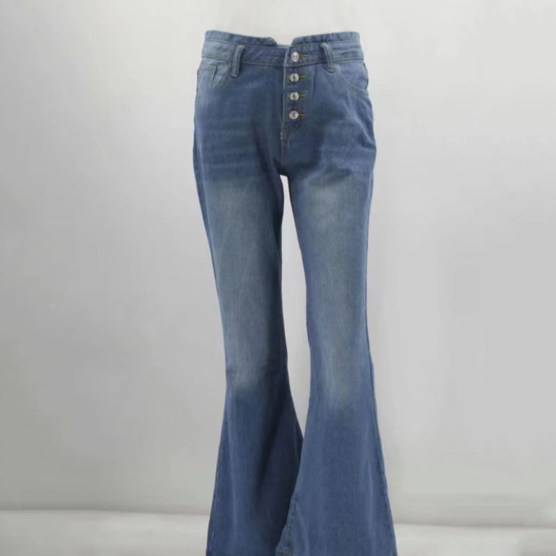 "Dam högmidjade 70-tals flare jeans, vintage stil, blå denim med smickrande passform och böjda midjesömmar."