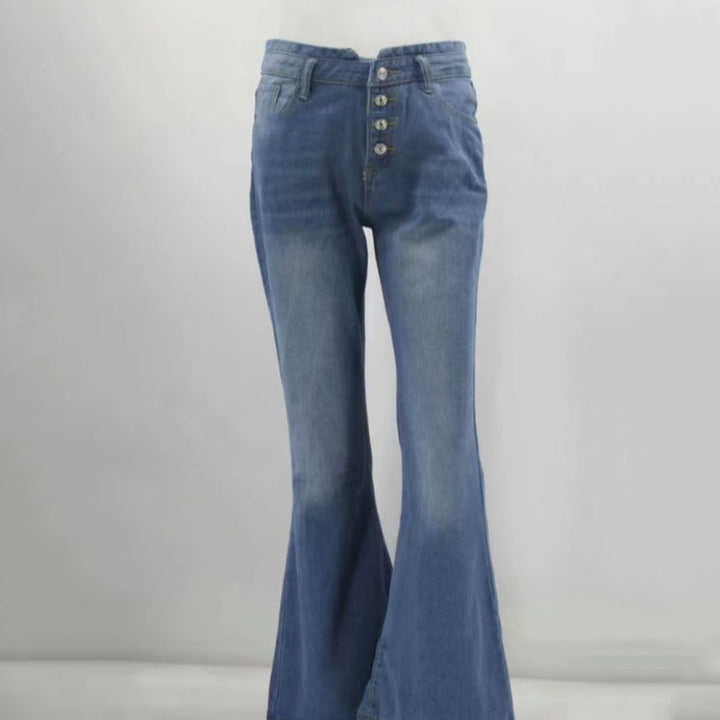 "Dam högmidjade 70-tals flare jeans, vintage stil, blå denim med smickrande passform och böjda midjesömmar."