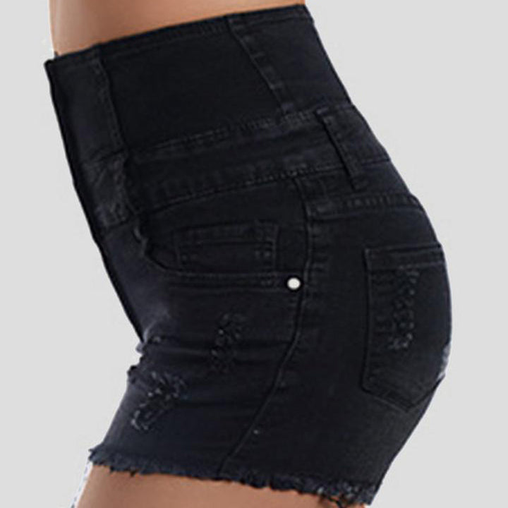 "Dam högmidjade jeansshorts med knappstängning och fransar, stilfulla med franskantad design och bekvämt material."