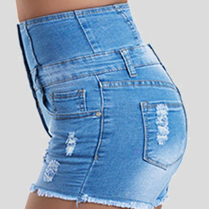 "Dam högmidjade jeansshorts med knappstängning och fransar, stilfulla med franskantad design och bekvämt material."