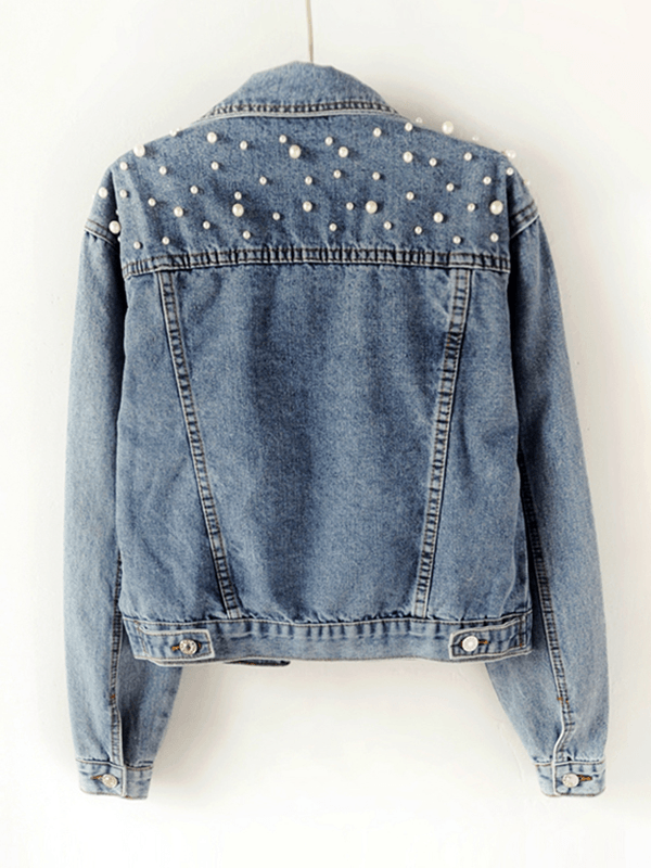 Avslappnad damjacka i denim med strass, perfekt som ytterplagg för höst- och vårmodet
