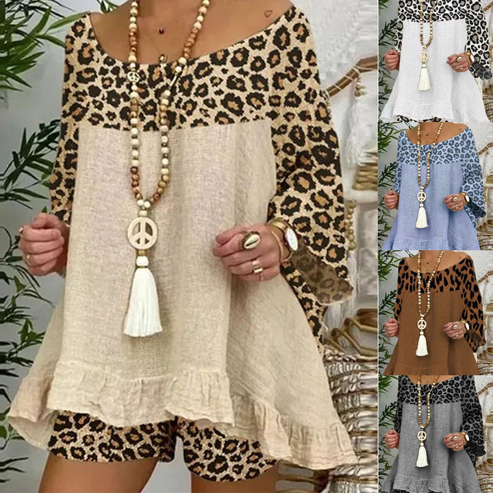 Dam leopardmönstrad bomulls-T-shirt med shorts, lätt och andningsbar, perfekt för sommarstil.