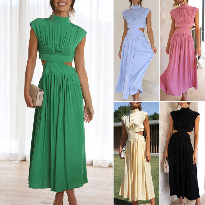 "Dam Midi Klänning med elegant midjeutskärning i spandex och polyester, maxi längd, A-linje form, kortärmad och med fickor."