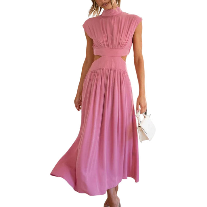 "Dam Midi Klänning med elegant midjeutskärning i spandex och polyester, maxi längd, A-linje form, kortärmad och med fickor."