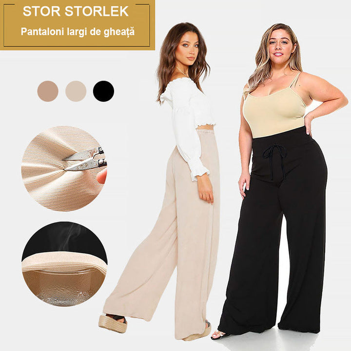 "Dam plus size vida byxor med hög midja, i silkesmjukt tyg och olika färger, elegant draperade för stil och komfort."