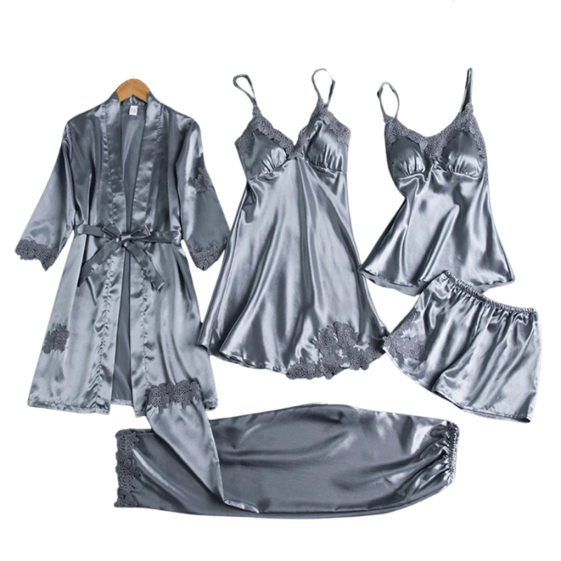 Elegant dam pyjamas set med långbyxor och topp för mysiga kvällar. Komplett 5-delat nattkläder set.
