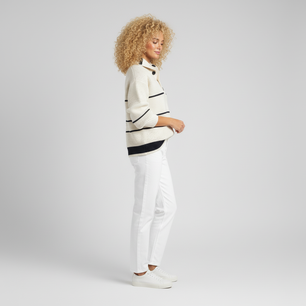 Bekväm dam pullover, randig med fin struktur. Långärmad stickad tröja med knappslå för casual stil.