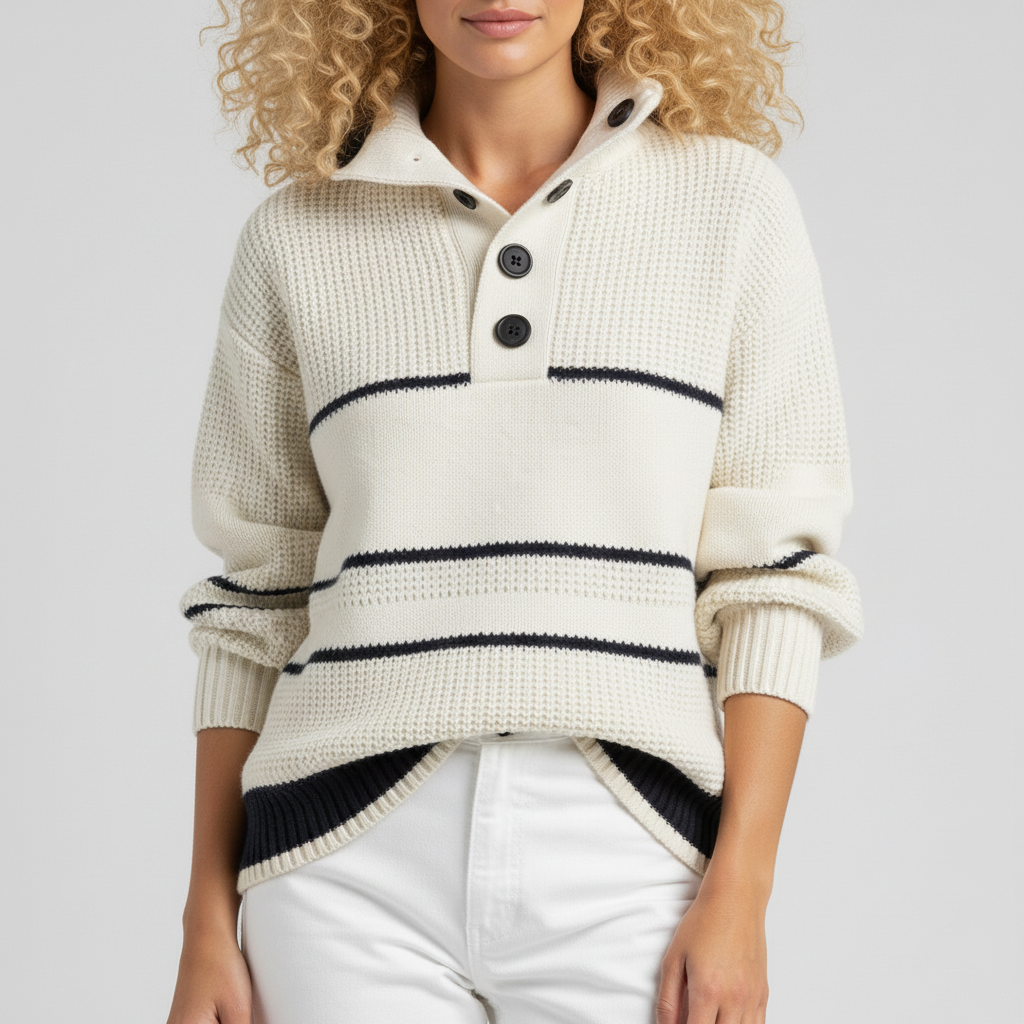 Höstmode: Dam randig stickad tröja med unik struktur och stilren knappslå. Bekväm pullover för kvinnor.
