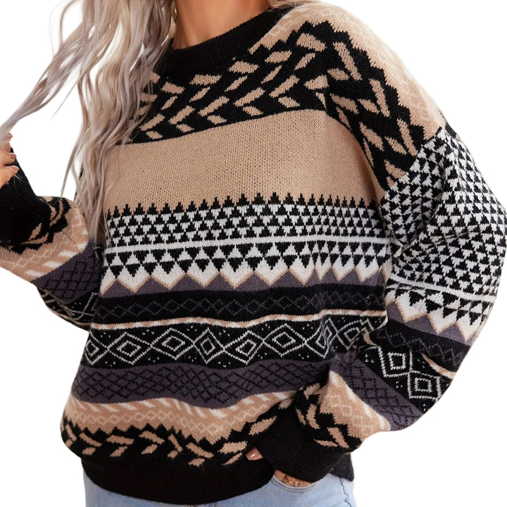 Dam retro pullover med kontrastmönster och rundhals, perfekt för höst och vinter.