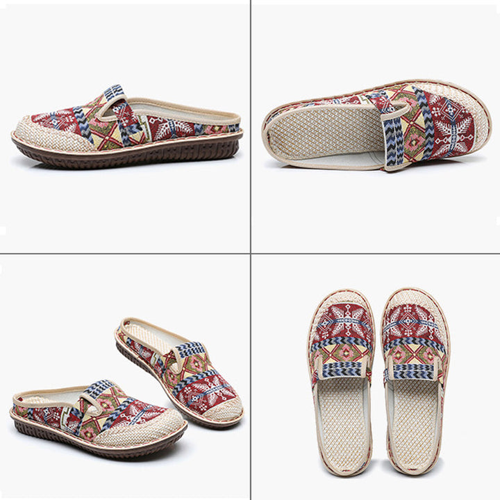 "Dam sandaler med flätade blommor, andningsbara, ljusbruna med mjuk linneöverdel och lätt sula för sommarbruk."