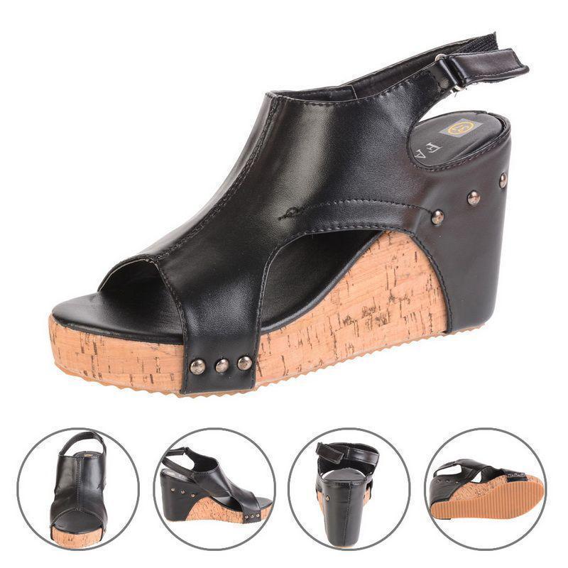 "Dam sandaler med kilklack, casual stil i svart, beige och brun; eleganta detaljer och stabil 8 cm klack."