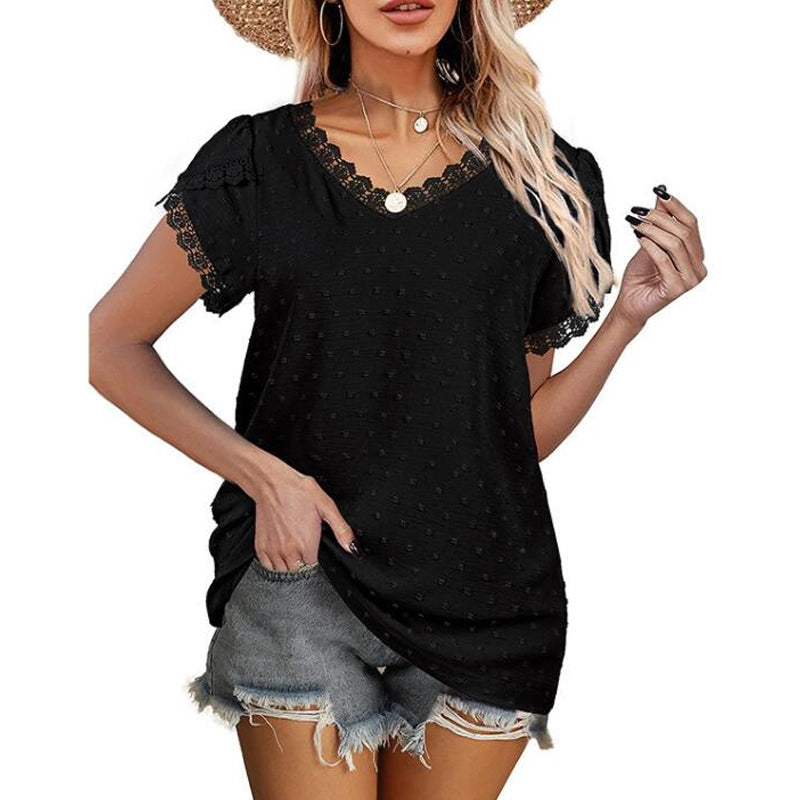 "Dam spets t-shirt med v-ringning i kungsblå, kortärmad och oregelbundna ärmar, elegant topp för kvinnor."