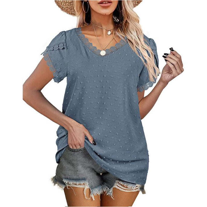 "Dam spets t-shirt med v-ringning i kungsblå, kortärmad och oregelbundna ärmar, elegant topp för kvinnor."