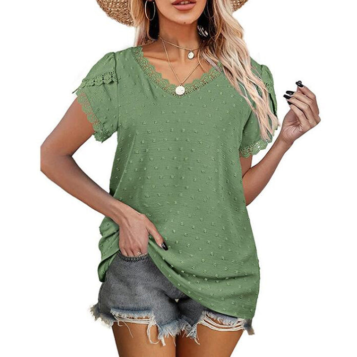 "Dam spets t-shirt med v-ringning i kungsblå, kortärmad och oregelbundna ärmar, elegant topp för kvinnor."