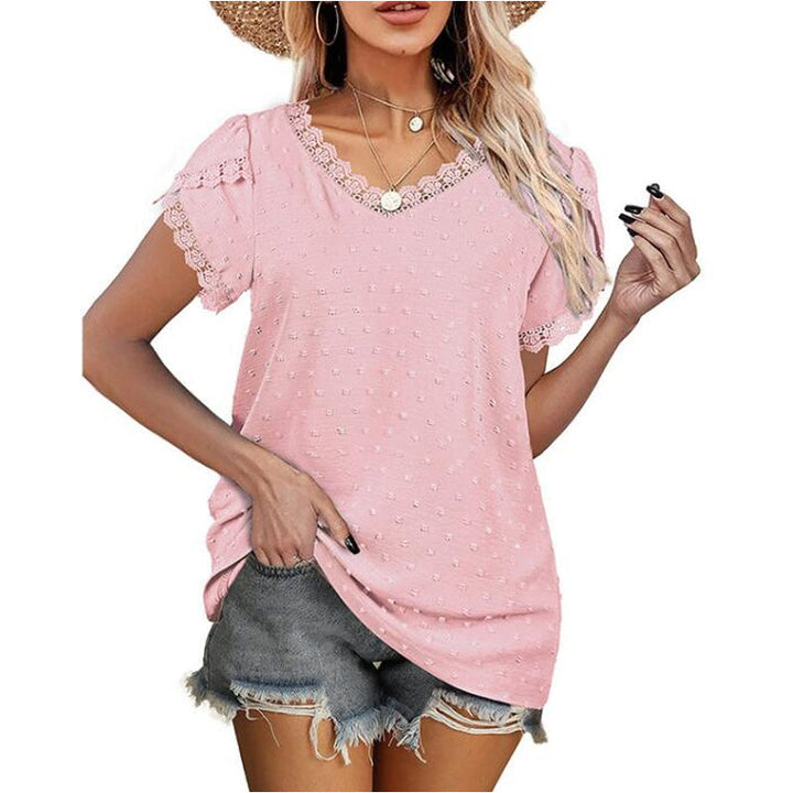 "Dam spets t-shirt med v-ringning i kungsblå, kortärmad och oregelbundna ärmar, elegant topp för kvinnor."
