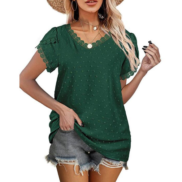 "Dam spets t-shirt med v-ringning i kungsblå, kortärmad och oregelbundna ärmar, elegant topp för kvinnor."