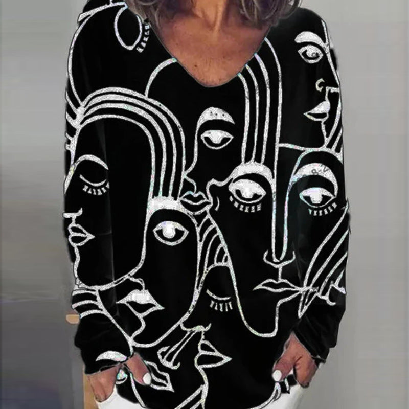 Dam T-shirt med abstrakt tryck, långärmad i polyesterblend, urban stil, flera färger, perfekt för avslappnat mode.