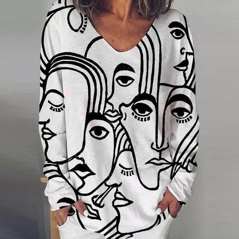 Dam T-shirt med abstrakt tryck, långärmad i polyesterblend, urban stil, flera färger, perfekt för avslappnat mode.