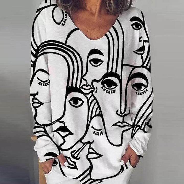 Dam T-shirt med abstrakt tryck, långärmad i polyesterblend, urban stil, flera färger, perfekt för avslappnat mode.