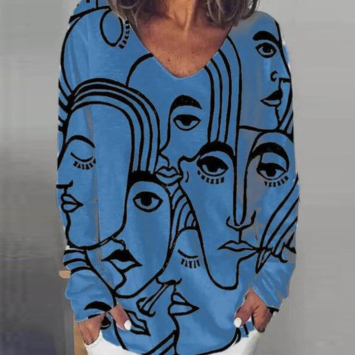 Dam T-shirt med abstrakt tryck, långärmad i polyesterblend, urban stil, flera färger, perfekt för avslappnat mode.