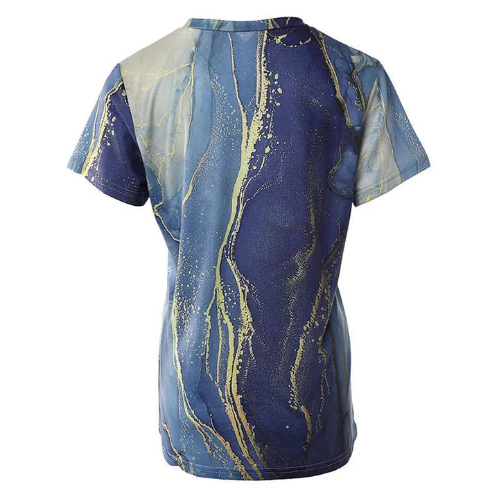 "Dam t-shirt med rund hals och kort ärm; grafiktryck av blommor och fjärilar, perfekt för vardagsbruk."