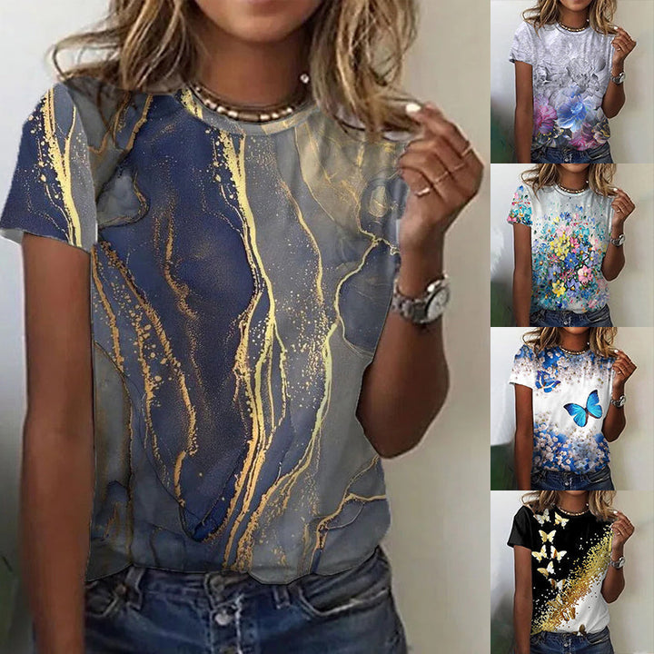 "Dam t-shirt med rund hals och kort ärm; grafiktryck av blommor och fjärilar, perfekt för vardagsbruk."