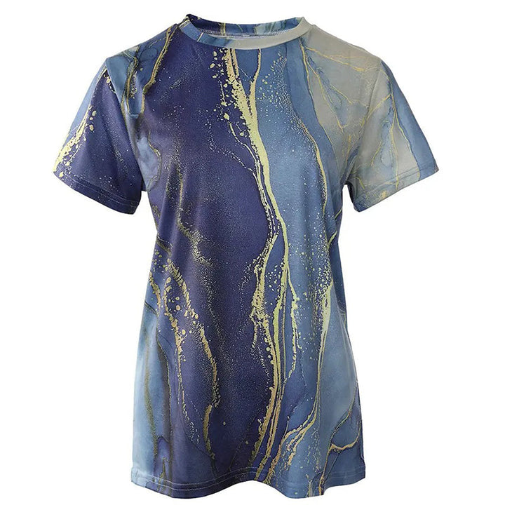 "Dam t-shirt med rund hals och kort ärm; grafiktryck av blommor och fjärilar, perfekt för vardagsbruk."