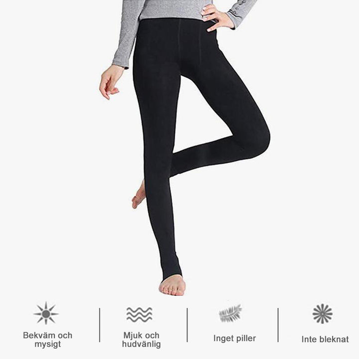 "Dam termo leggings i svart, mjuk fleece invändigt, hög midja, slim fit, perfekt till vintriga outfits."